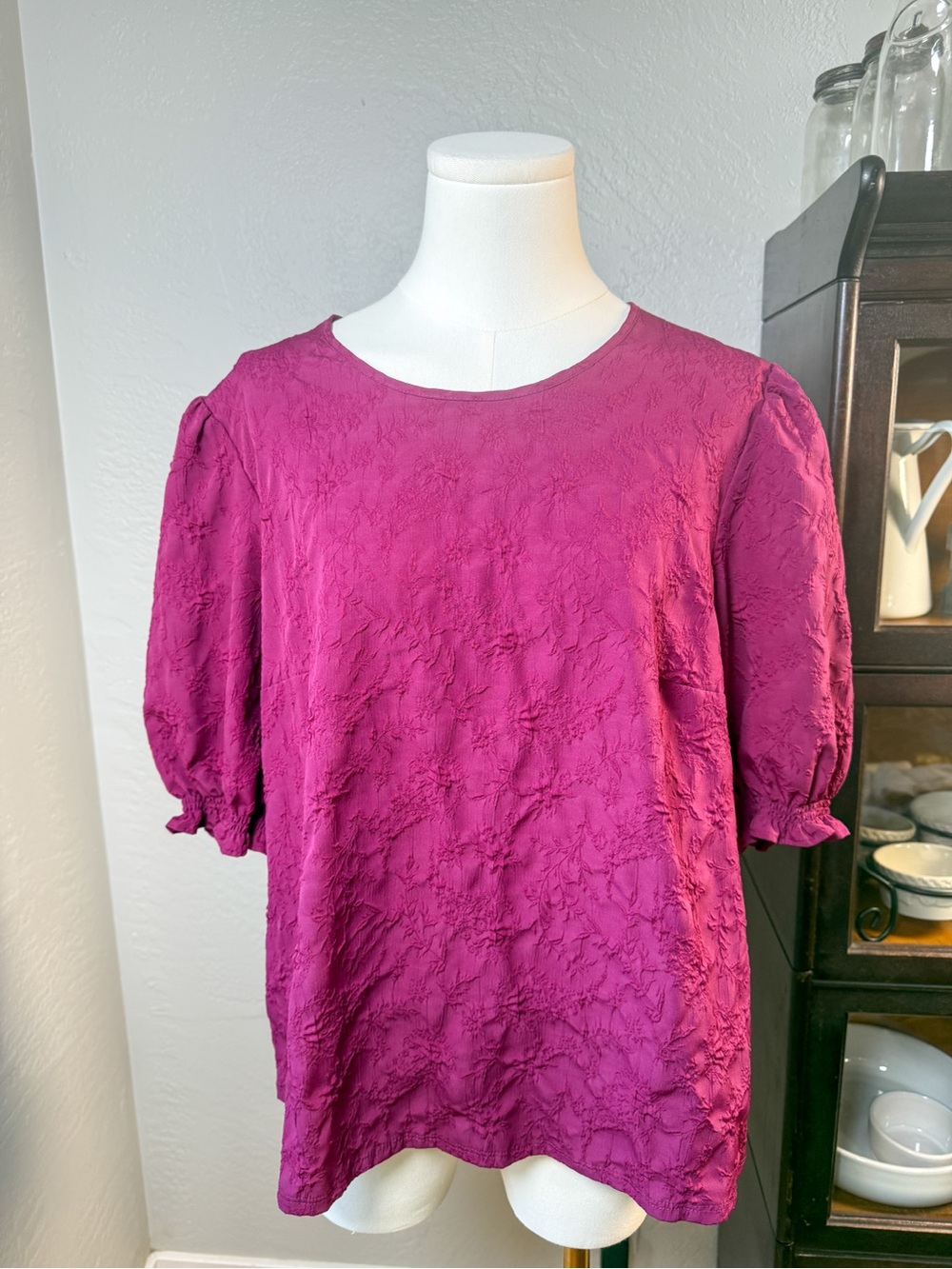 Ted Baker Magenta Textured Floral Puff Sleeve Blouse Top Size XL